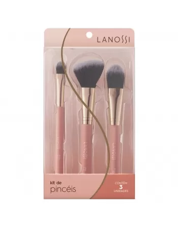 KIT DE PINCÉIS ROSE GOLD LANOSSI SOMBRA, BASE E BLUSH CHANFRADO C/3 UNIDADES (LS3011)