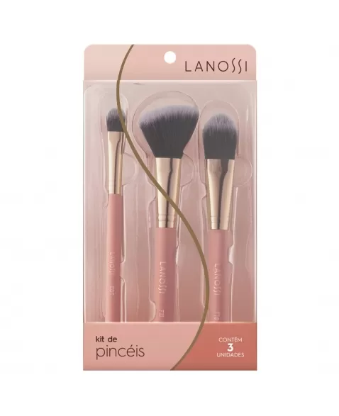 KIT DE PINCÉIS ROSE GOLD LANOSSI SOMBRA, BASE E BLUSH CHANFRADO C/3 UNIDADES (LS3011)