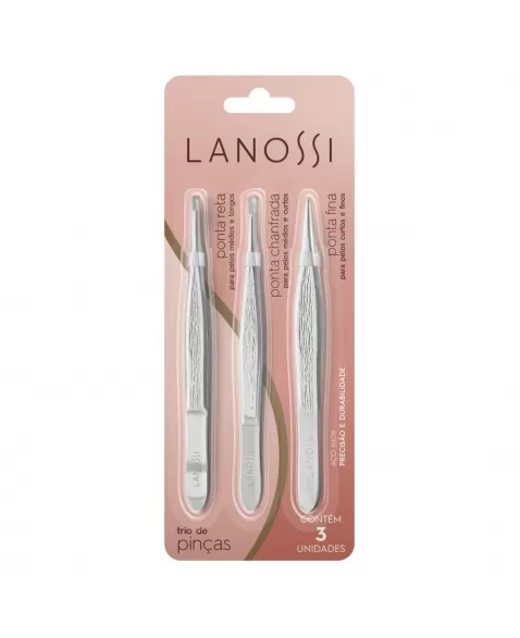 TRIO DE PINÇAS LANOSSI PONTA RETA, PONTA CHANFRADA, PONTA FINA CARTELA C/3 UNIDADES (LS6004)