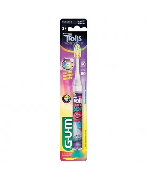 ESCOVA DENTAL INFANTIL G.U.M EDUCATIVA TROLLS TIMER LIGHT +3 ANOS MACIA C/1 UNIDADE