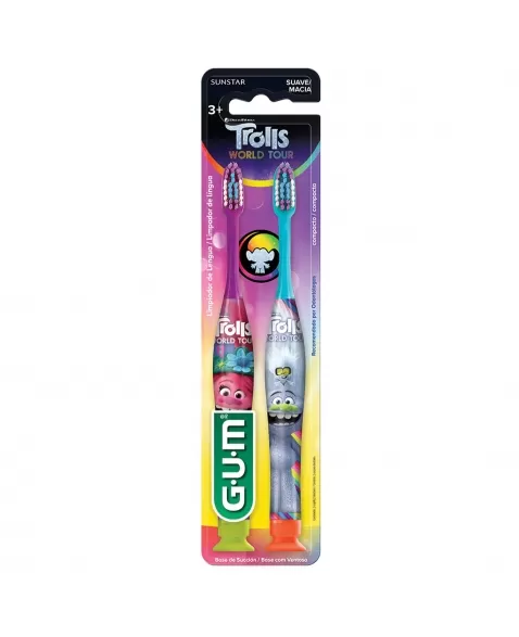 ESCOVA DENTAL INFANTIL G.U.M C/ LIMPADOR DE LÍNGUA TROLLS +3 ANOS MACIA C/1 UNIDADE