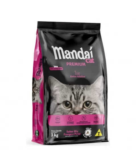 RAÇÃO SECA MANDAÍ CAT PREMIUM GATOS ADULTOS SABOR MIX FRANGO E PEIXE 3KG