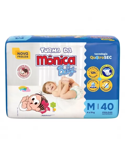 FRALDA DESCARTÁVEL INFANTIL TURMA DA MÔNICA BABY MÉDIA 4KG A 9KG PACOTE C/40 UNIDADES