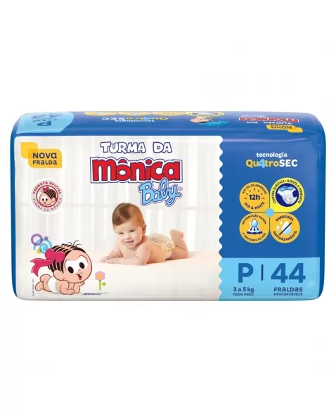 FRALDA DESCARTÁVEL INFANTIL TURMA DA MÔNICA BABY PEQUENO 3KG A 5KG PACOTE C/44 UNIDADES