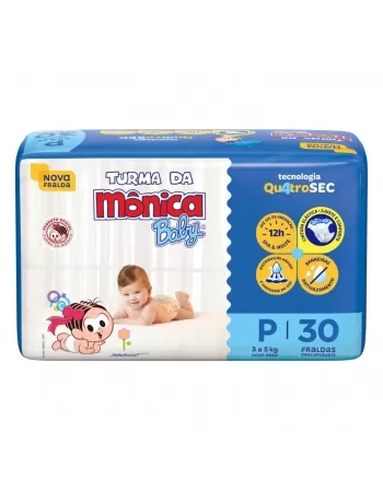 FRALDA DESCARTÁVEL INFANTIL TURMA DA MÔNICA BABY PEQUENA 3KG A 5KG PACOTE C/30 UNIDADES
