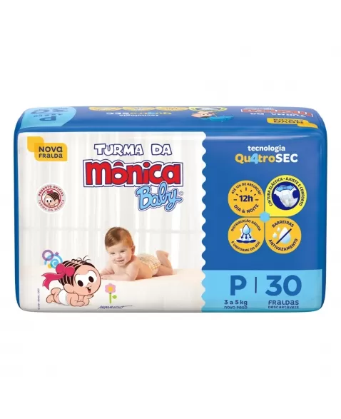 FRALDA DESCARTÁVEL INFANTIL TURMA DA MÔNICA BABY PEQUENA 3KG A 5KG PACOTE C/30 UNIDADES