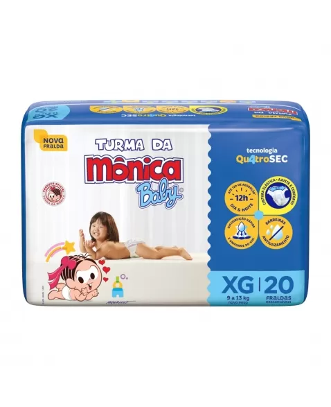 FRALDA DESCARTÁVEL INFANTIL TURMA DA MÔNICA BABY EXTRA GRANDE 9KG A 13KG PACOTE C/20 UNIDADES