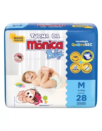 FRALDA DESCARTÁVEL INFANTIL TURMA DA MÔNICA BABY MÉDIA 4KG A 9KG PACOTE C/28 UNIDADES