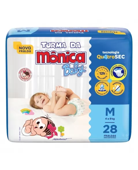 FRALDA DESCARTÁVEL INFANTIL TURMA DA MÔNICA BABY MÉDIA 4KG A 9KG PACOTE C/28 UNIDADES