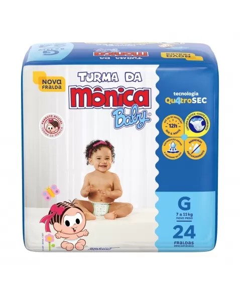 FRALDA DESCARTÁVEL INFANTIL TURMA DA MÔNICA BABY GRANDE 7KG A 11KG PACOTE C/24 UNIDADES