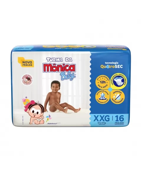 FRALDA DESCARTÁVEL INFANTIL TURMA DA MÔNICA BABY EXTRA, EXTRA GRANDE 13KG A 17KG PACOTE C/16 UNIDADES