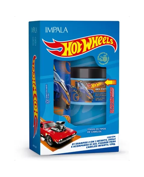 SHAMPOO 2 EM 1 IMPALA HOT WHEELS 250ML + GEL FIXADOR INFANTIL BRILHO MOLHADO AZUL 120G (KIT)