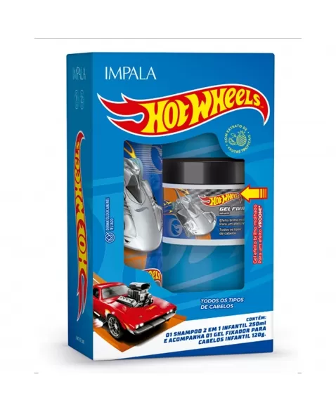 SHAMPOO 2 EM 1 IMPALA HOT WHEELS 250ML + GEL FIXADOR INFANTIL BRILHO MOLHADO PRATA 120G (KIT)