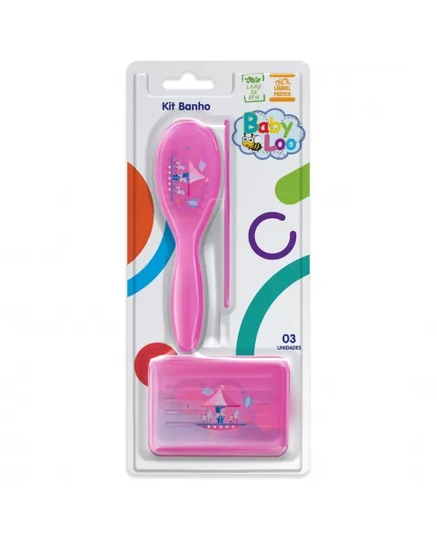 KIT PARA BANHO BABYLOO PENTE + ESCOVA + SABONETEIRA ROSA