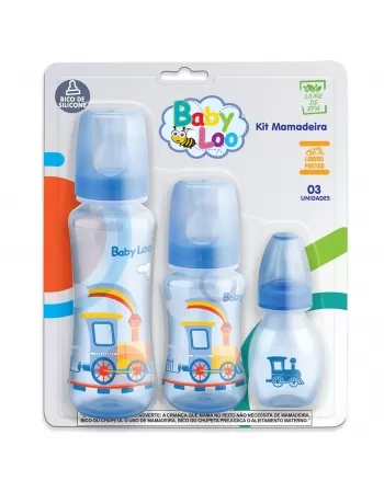 KIT MAMADEIRA BABYLOO BICO SILICONE AZUL C/ 3 UNIDADES 240ML/140ML/60ML (181)