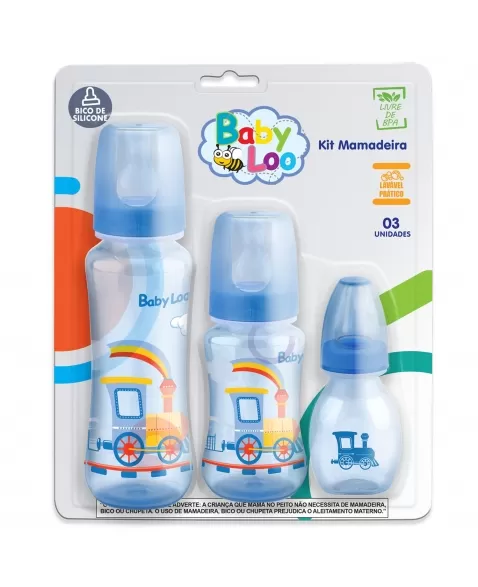 KIT MAMADEIRA BABYLOO BICO SILICONE AZUL C/ 3 UNIDADES 240ML/140ML/60ML (181)
