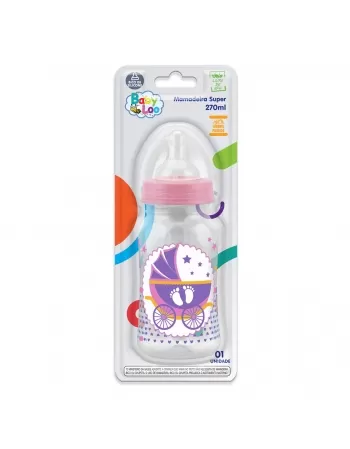 MAMADEIRA SUPER CINTURADA BABYLOO C/ BICO DE SILICONE 270ML CRISTAL/ROSA (234)