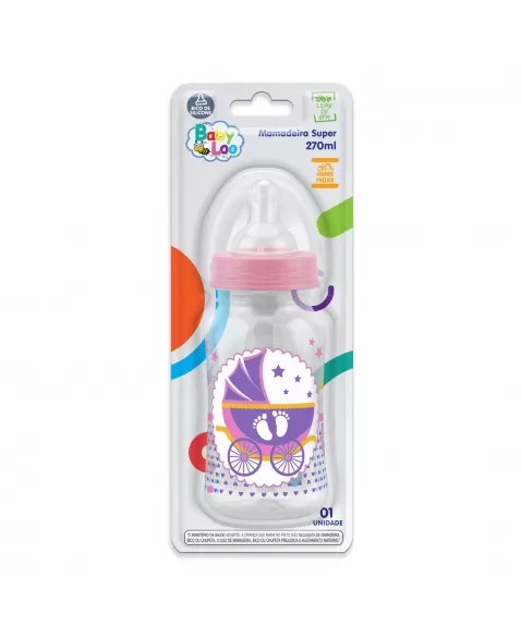 MAMADEIRA SUPER CINTURADA BABYLOO C/ BICO DE SILICONE 270ML CRISTAL/ROSA (234)