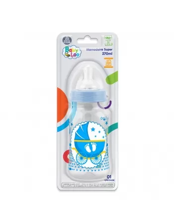 MAMADEIRA SUPER CINTURADA BABYLOO C/ BICO DE SILICONE 270ML CRISTAL/AZUL (233)