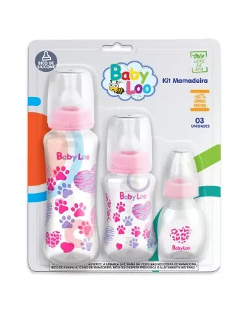 KIT MAMADEIRA BABYLOO BICO SILICONEL CRISTAL/ROSA C/ 3 UNIDADES 240ML/140ML/60ML (180)