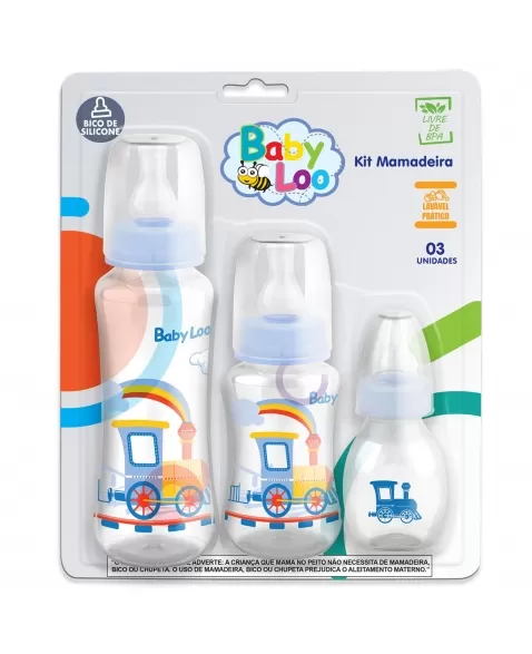 KIT MAMADEIRA BABYLOO BICO SILICONE CRISTAL/AZUL C/ 3 UNIDADES 240ML/140ML/60ML (179)