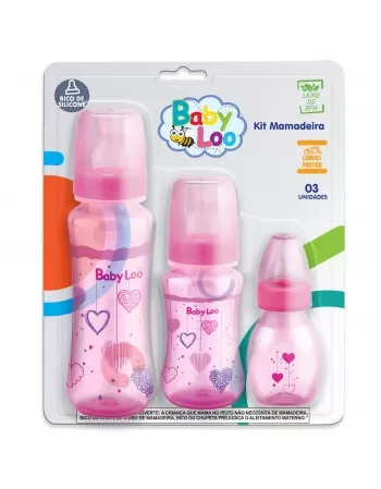 KIT MAMADEIRA BABYLOO BICO SILICONE ROSA C/ 3 UNIDADES 240ML/140ML/60ML (182)