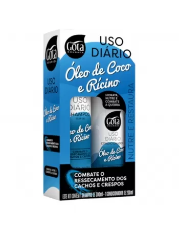 KIT SHAMPOO 300ML + CONDICIONADOR 200ML GOTA DOURADA USO DIÁRIO ÓLEO DE COCO E RÍCINO