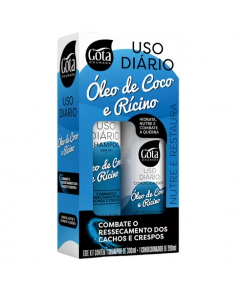 KIT SHAMPOO 300ML + CONDICIONADOR 200ML GOTA DOURADA USO DIÁRIO ÓLEO DE COCO E RÍCINO