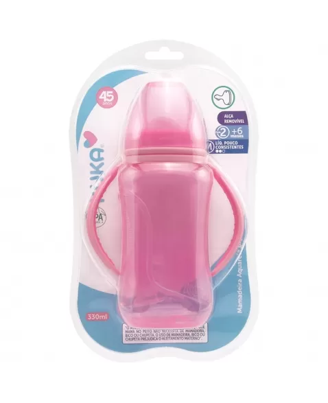 MAMADEIRA AQUARELA BIG KUKA BICO ORTONDÔNTICO Nº2 MAIORES 6 MESES ROSA COM ALÇA 330ML (1402)