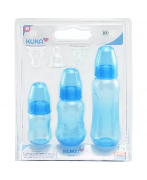 ESTOJO DE MAMADEIRAS AQUARELA KUKA ORTODÔNTICO AZUL C/3 UNIDADES 70/160/250 ML (3146)