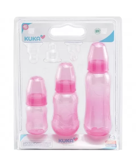 ESTOJO DE MAMADEIRAS AQUARELA KUKA ORTODÔNTICO ROSA C/3 UNIDADES 70/160/250 ML (3147)