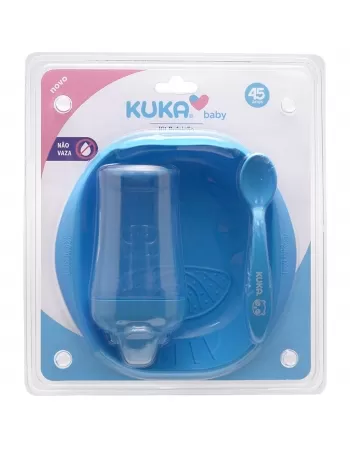 KIT REFEIÇÃO KUKA PRATO + COLHER/GARFO + COPO CRISTAL 200ML AZUL C/3 UNIDADES (7016)