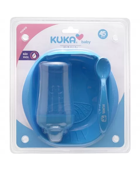KIT REFEIÇÃO KUKA PRATO + COLHER/GARFO + COPO CRISTAL 200ML AZUL C/3 UNIDADES (7016)