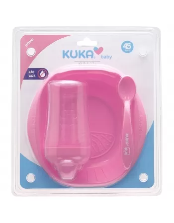 KIT REFEIÇÃO KUKA PRATO + COLHER/GARFO + COPO CRISTAL 200ML ROSA C/3 UNIDADES (7017)