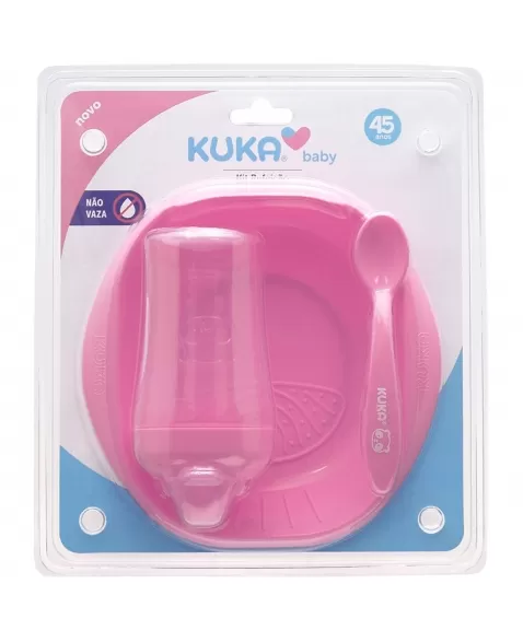 KIT REFEIÇÃO KUKA PRATO + COLHER/GARFO + COPO CRISTAL 200ML ROSA C/3 UNIDADES (7017)