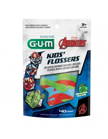 FIO DENTAL COM HASTE G.U.M FLOSSER INFANTIL AVENGERS MAÇÃ VERDE C/40 UNIDADES