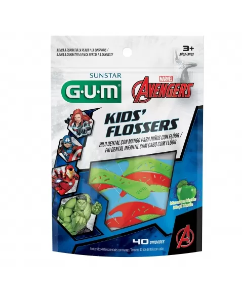 FIO DENTAL COM HASTE G.U.M FLOSSER INFANTIL AVENGERS MAÇÃ VERDE C/40 UNIDADES