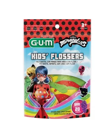 FIO DENTAL COM HASTES G.U.M FLOSSER INFANTIL MIRACULOUS UVA C/ 20 UNIDADES