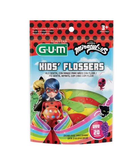FIO DENTAL COM HASTES G.U.M FLOSSER INFANTIL MIRACULOUS UVA C/ 20 UNIDADES