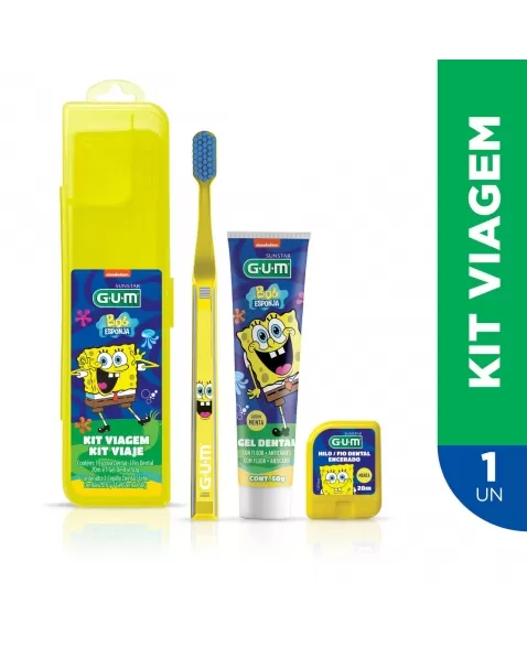 KIT VIAGEM INFANTIL BOB ESPONJA COM 1 ESCOVA, 1 FIO DENTAL E 1 GEL DENTAL G.U.M.