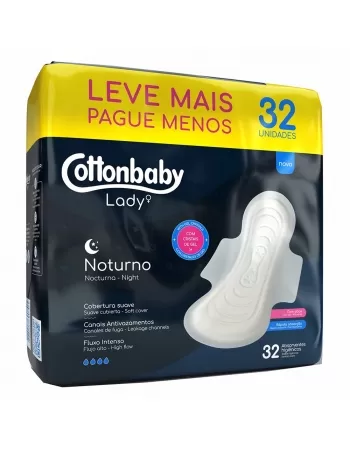 ABSORVENTES HIGIÊNICOS COTTONBABY LADY NOTURNO COM ABAS SUAVE LEVE MAIS PAGUE MENOS C/32 UNIDADES