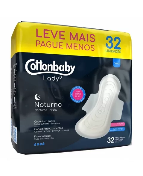 ABSORVENTES HIGIÊNICOS COTTONBABY LADY NOTURNO COM ABAS SUAVE LEVE MAIS PAGUE MENOS C/32 UNIDADES