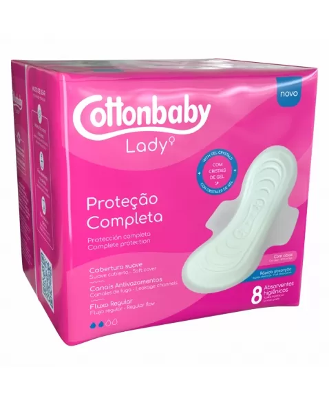 ABSORVENTES HIGIÊNICOS COTTONBABY LADY COM ABAS SUAVE C/8 UNIDADES