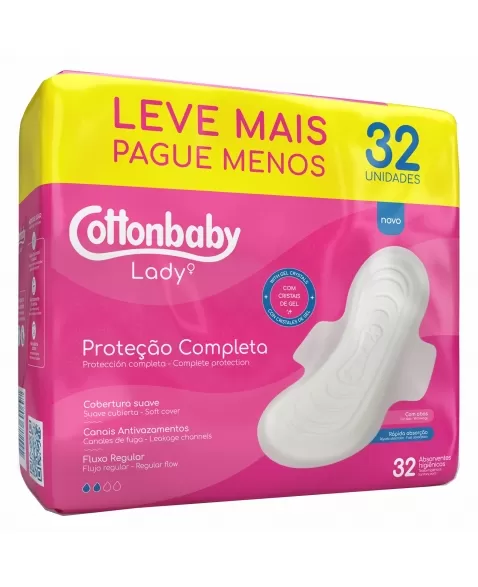ABSORVENTES HIGIÊNICOS COTTONBABY LADY COM ABAS SUAVE LEVE MAIS PAGUE C/32 UNIDADES