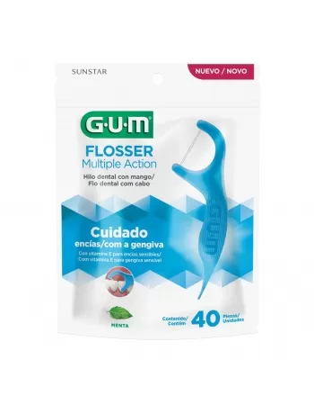 FIO DENTAL COM HASTE G.U.M FLOSSER MÚLTIPLA AÇÃO CUIDADO C/40 UNIDADES