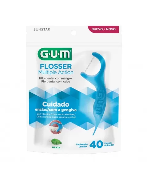 FIO DENTAL COM HASTE G.U.M FLOSSER MÚLTIPLA AÇÃO CUIDADO C/40 UNIDADES