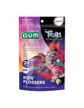 FIO DENTAL COM HASTES G.U.M FLOSSER INFANTIL TROLLS UVA C/ 20 UNIDADES
