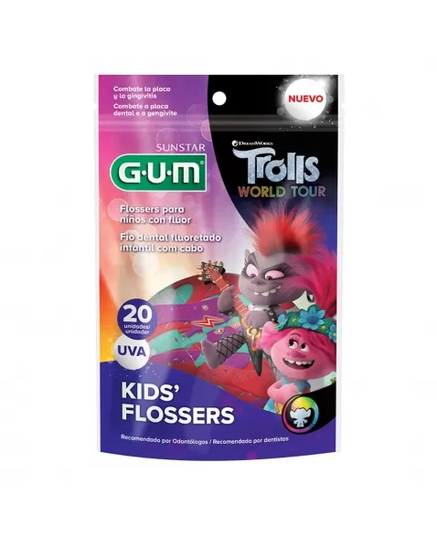 FIO DENTAL COM HASTES G.U.M FLOSSER INFANTIL TROLLS UVA C/ 20 UNIDADES