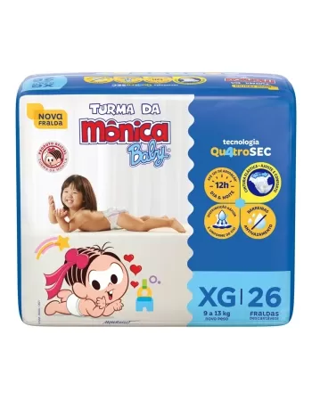 FRALDA DESCARTÁVEL INFANTIL TURMA DA MÔNICA BABY EXTRA GRANDE 9KG A 13KG PACOTE C/26 UNIDADES