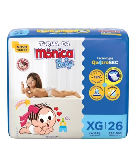 FRALDA DESCARTÁVEL INFANTIL TURMA DA MÔNICA BABY EXTRA GRANDE 9KG A 13KG PACOTE C/26 UNIDADES